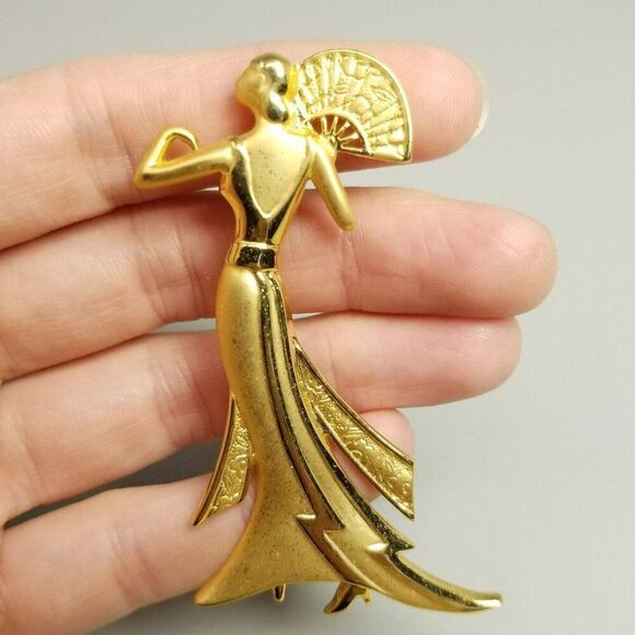 Vintage JJ Tall Elegant Woman in Dress with Fan Brooch, Matte Gold Tone, Signed - Picture 1 of 9